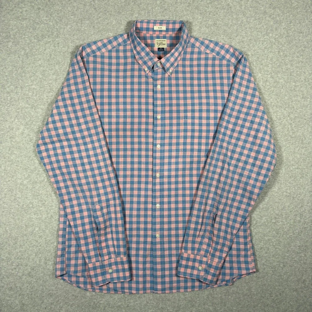 J. Crew Slim Fit Button Down Shirt Mens XL Pink Blue Gingham Plaid Long Sleeve